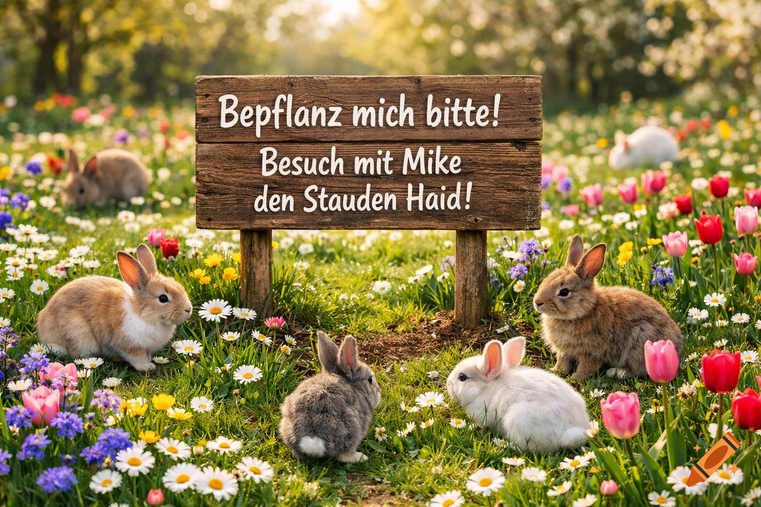 A photorealistic image of several cute rabbits in a vibrant field of colorful spring flowers, with a wooden sign showing text.