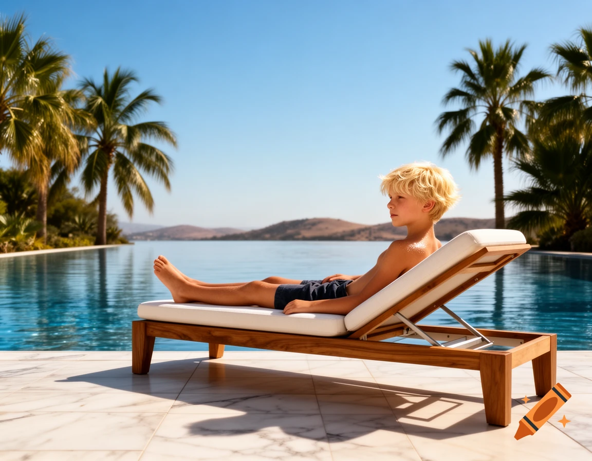 A young blond boy in swim shorts relaxes on a lounge chair by an infinity pool overlooking the ocean, with palm trees.