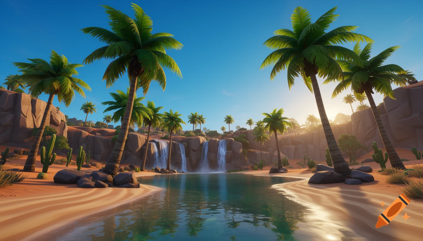 A vibrant, stylized desert oasis with palm trees, waterfalls, and a clear pond under a bright sky, reminiscent of a video game landscape.