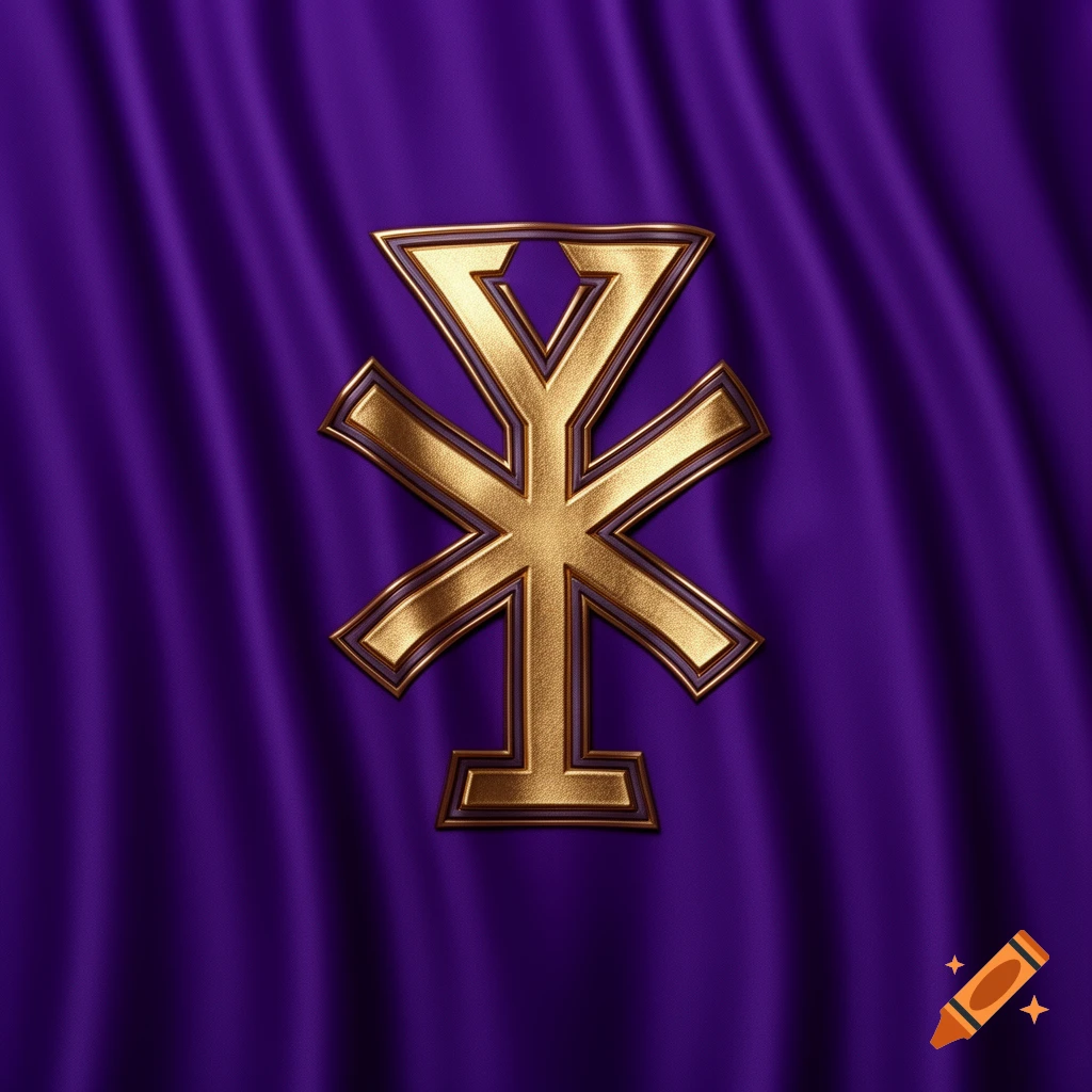 Che Rho Design Violet A golden Chi Rho symbol with a bronze border against a rich Tyrian ...