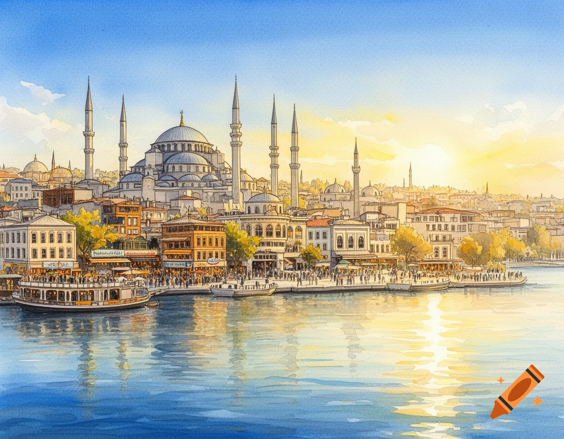 Watercolor painting of Istanbul cityscape with a large mosque ...