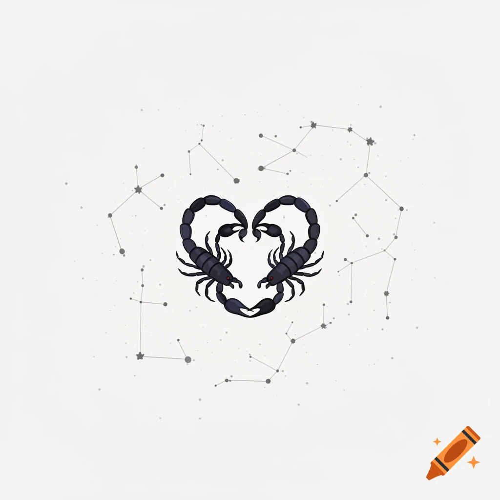 Two stylized black scorpions interlocked to form a heart, set against a background of faint constellation lines and stars.