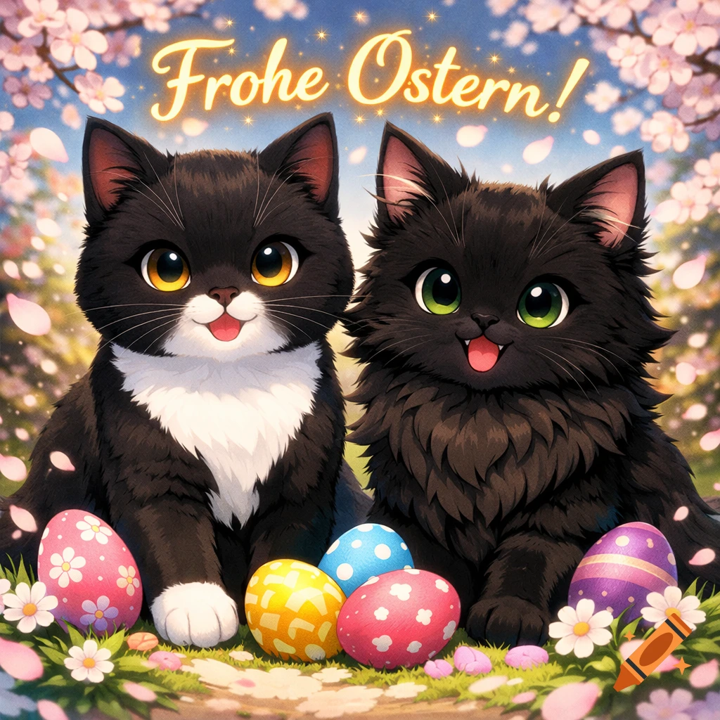 Two cute cartoon black cats with colorful Easter eggs and flowers, under falling cherry blossoms. Text: Frohe Ostern!