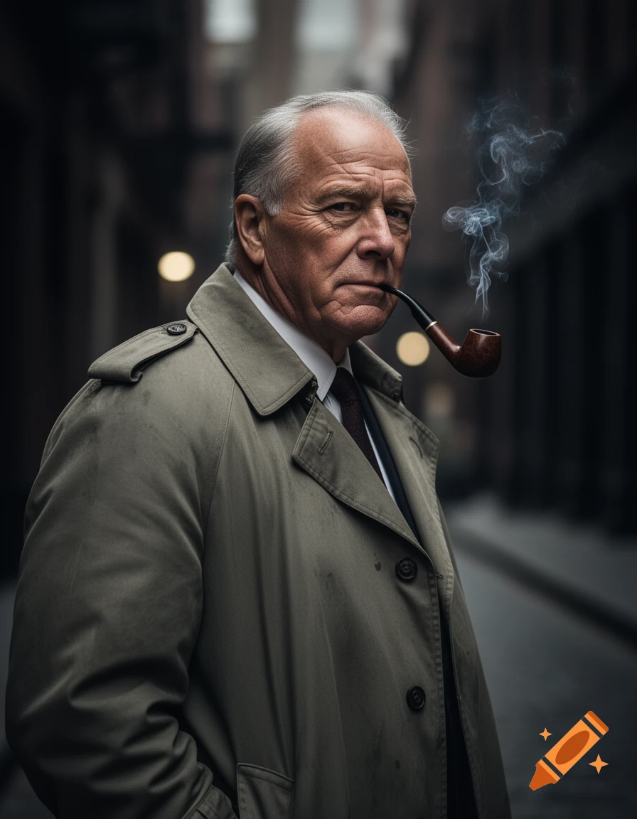 Photorealistic portrait of a mysterious, older man in a trench coat, smoking a pipe in a dimly lit alley.