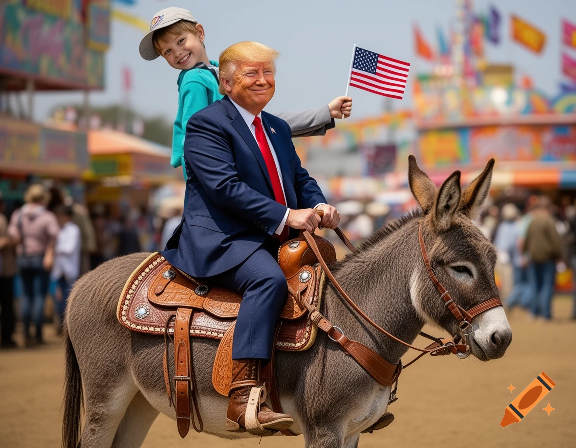 Donald Trump and a child ride a saddled donkey through a bustling photorealistic fairground, holding an American flag.