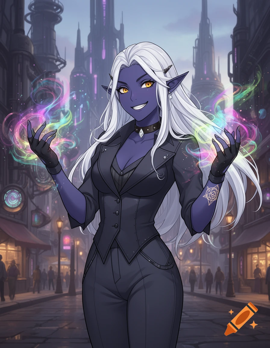 An anime-style Drow elf sorceress with white hair and dark skin ...