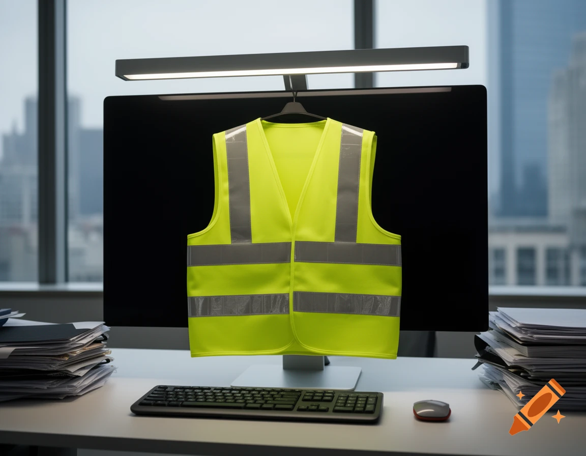 A fluorescent yellow safety vest with reflective stripes hanging on a black computer monitor in a modern office setting.