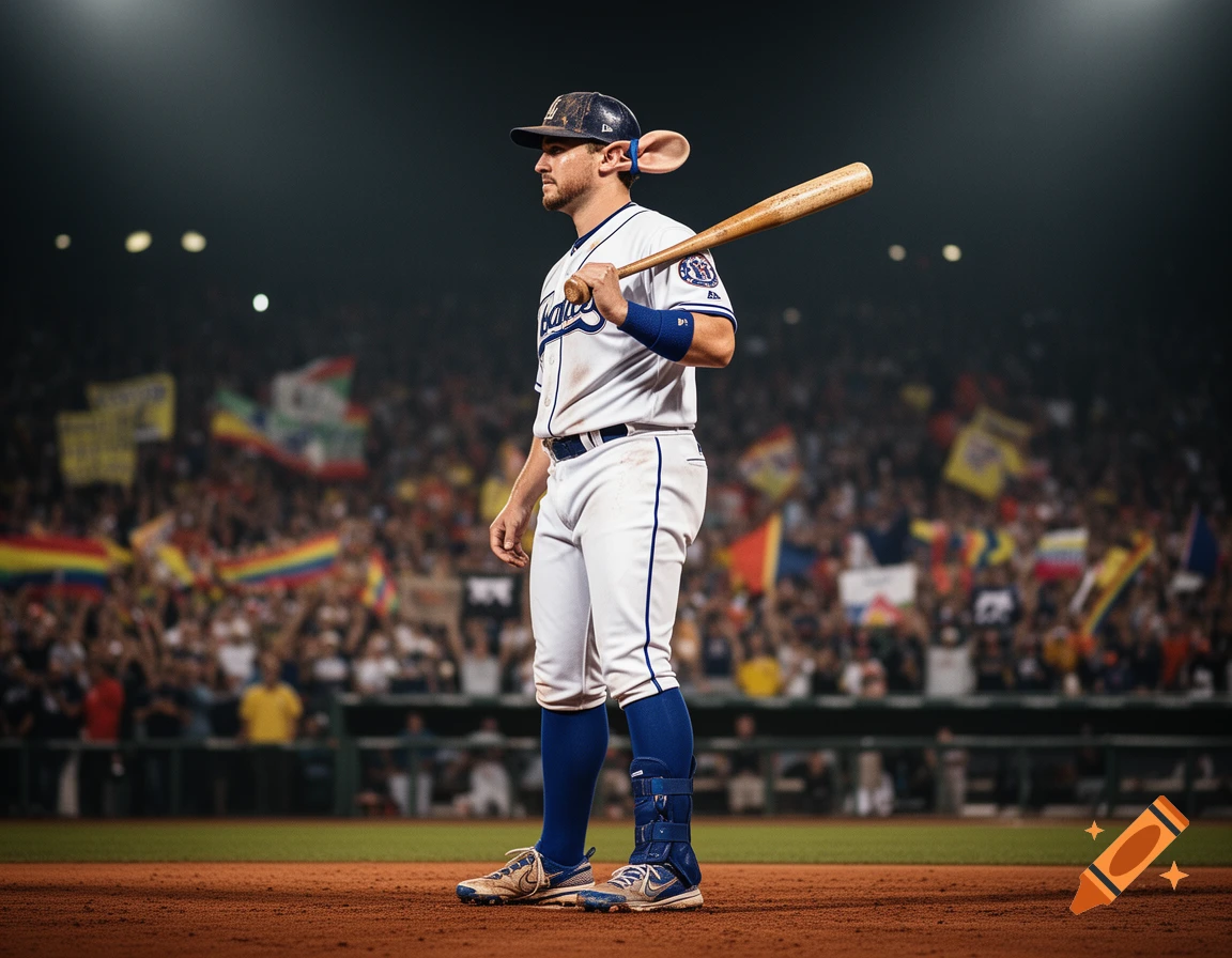 A photorealistic image of a baseball player with exaggerated long ears sticking out from under his cap, holding a bat on his shoulder in a crowded stadium at night.