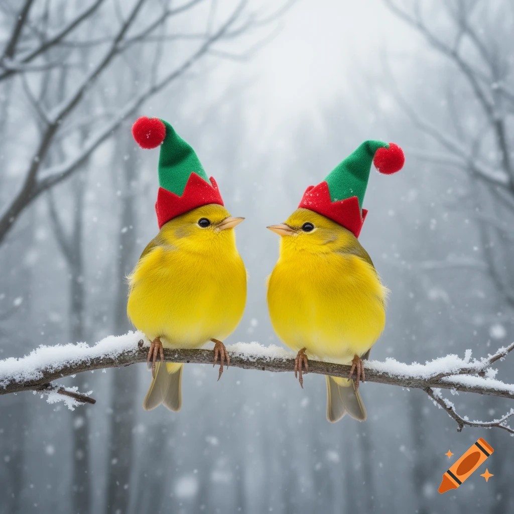 Two yellow birds wearing red and green elf hats perch on a snow-covered branch in a wintry forest, as snow falls.