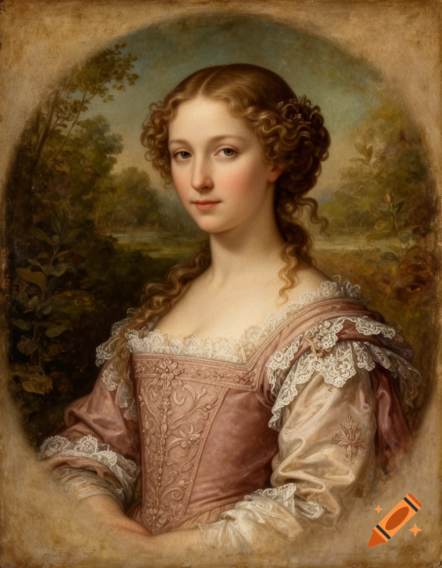 An old painting portrait of a young woman with curly brown hair, wearing a pink and white lace dress, against a soft landscape.
