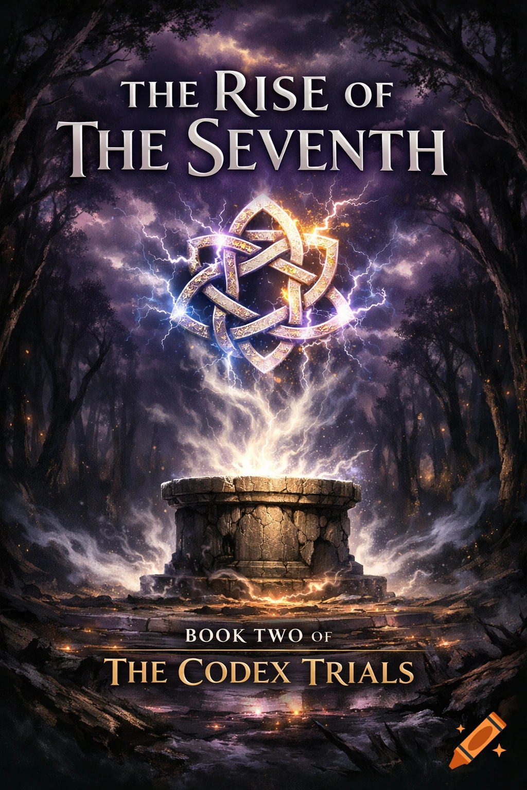 A dark fantasy book cover for 'The Rise of The Seventh' with a glowing celtic knot symbol above a stone pedestal in a dark, stormy forest.
