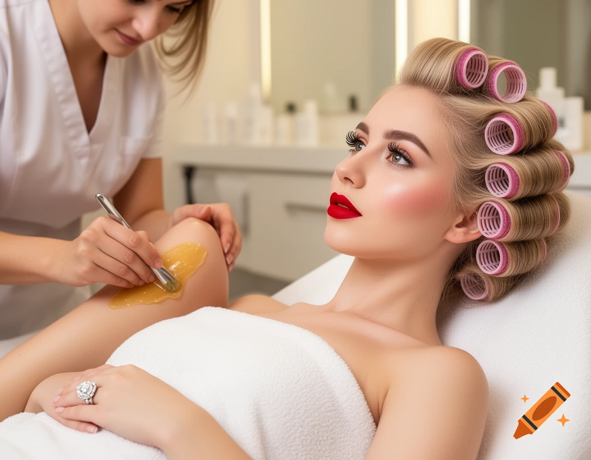 Photorealistic image of a woman with hair curlers and makeup getting her leg waxed by a technician in a beauty salon.