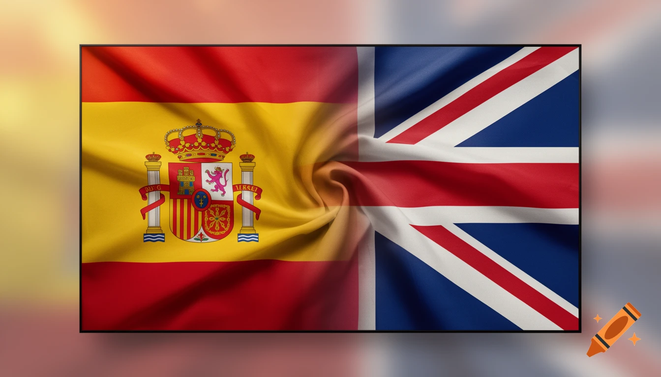 Photorealistic Spanish flag and British Union Jack merging in a central fabric fold.