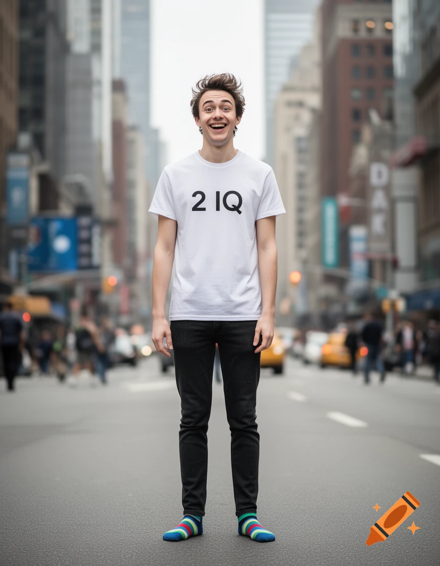 A young man in a white "2 IQ" t-shirt, black pants, and colorful striped socks stands smiling in a city street.