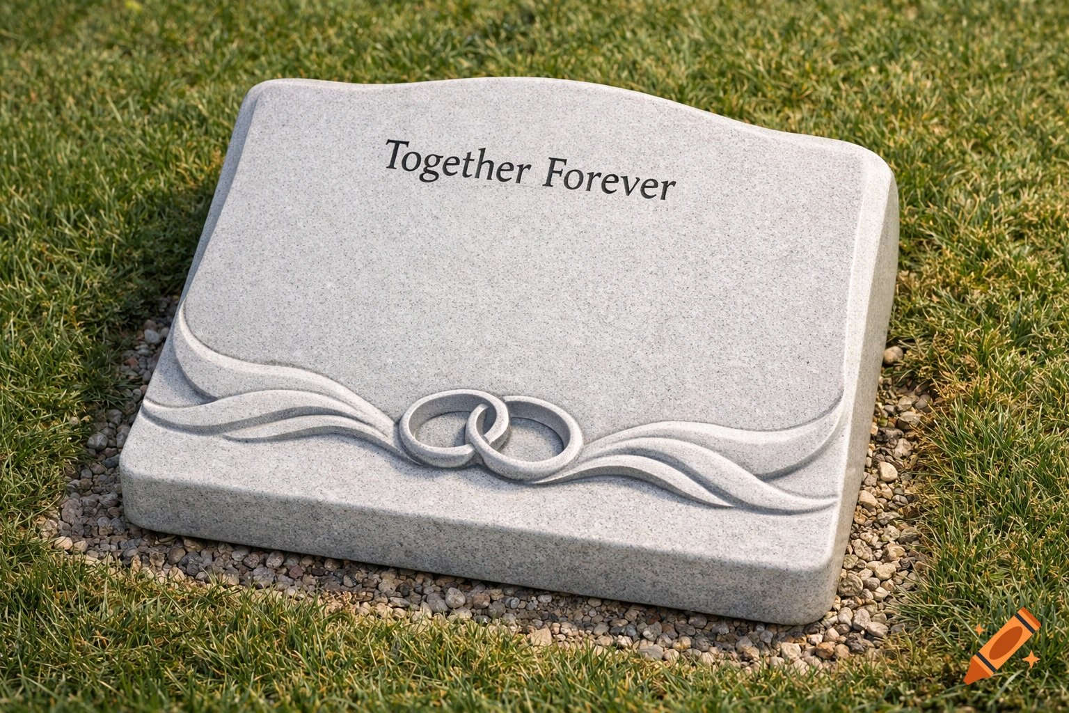 A gray gravestone inscribed with "Together Forever" and decorated with intertwined wedding rings and wave patterns, set in green grass and pebbles.