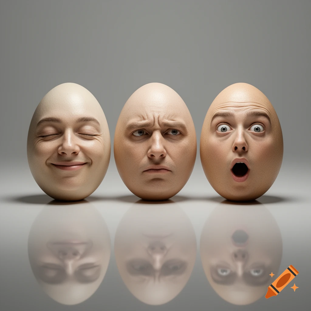 Three photorealistic eggs with human faces, one smiling, one frowning, and one surprised, reflecting on a gray surface.