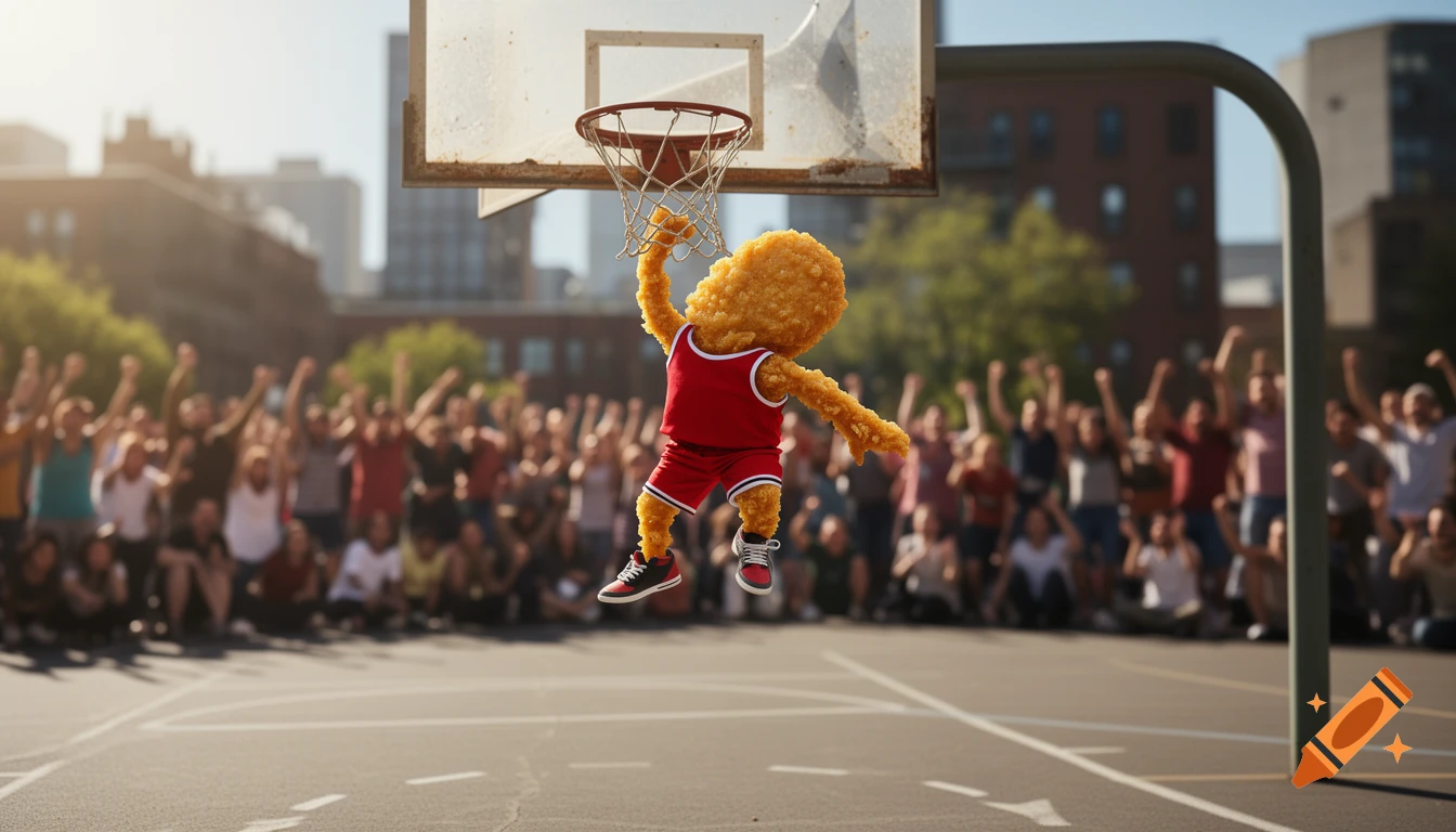 A photorealistic chicken nugget in a red basketball uniform slam dunks a ball on an outdoor court as a crowd cheers in the blurred background.