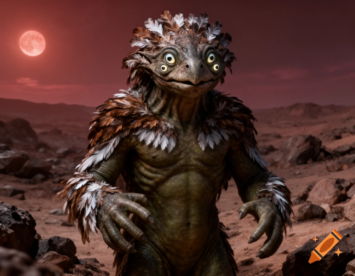 A photorealistic alien creature with green reptilian skin, brown and white feathers, four yellow eyes, and a beak, stands on a red rocky planet under a red moon.