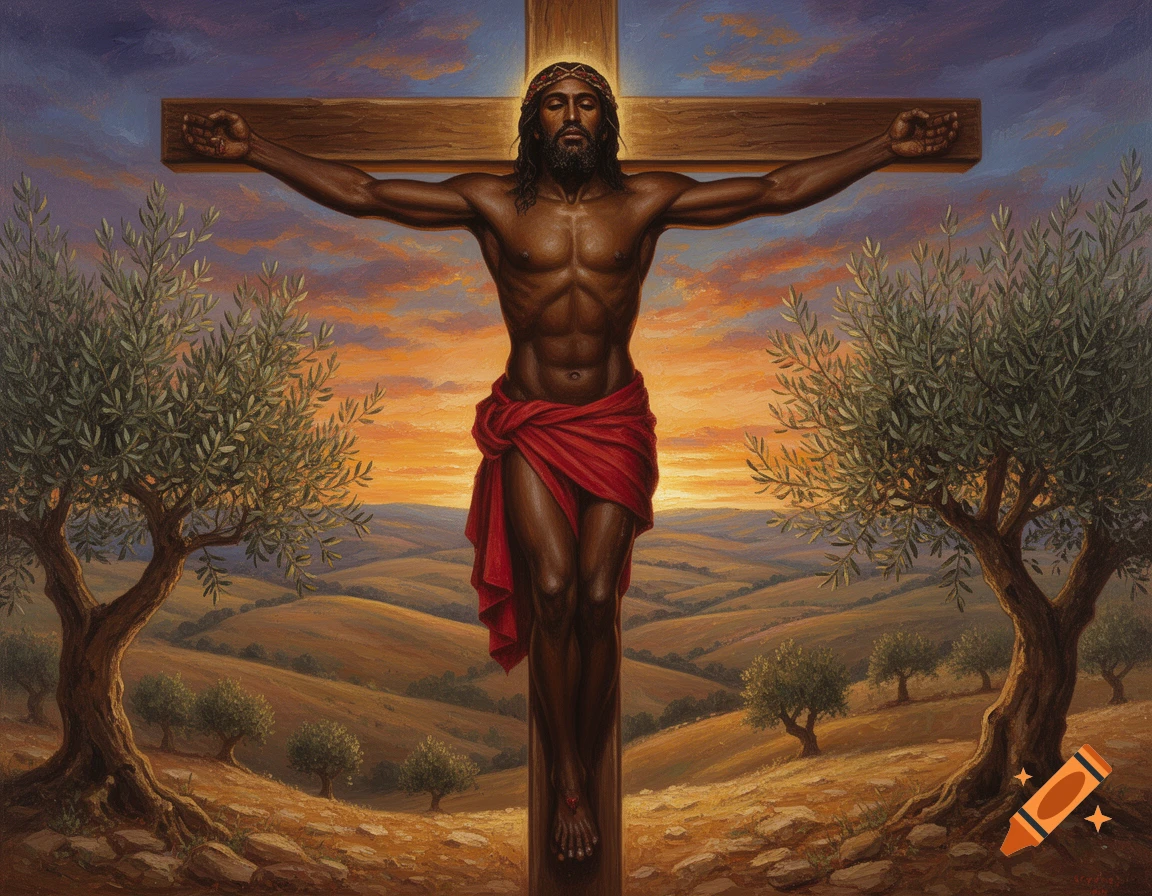Oil painting of a Black Jesus Christ on the cross, set against a sunset sky with olive trees and rolling hills.