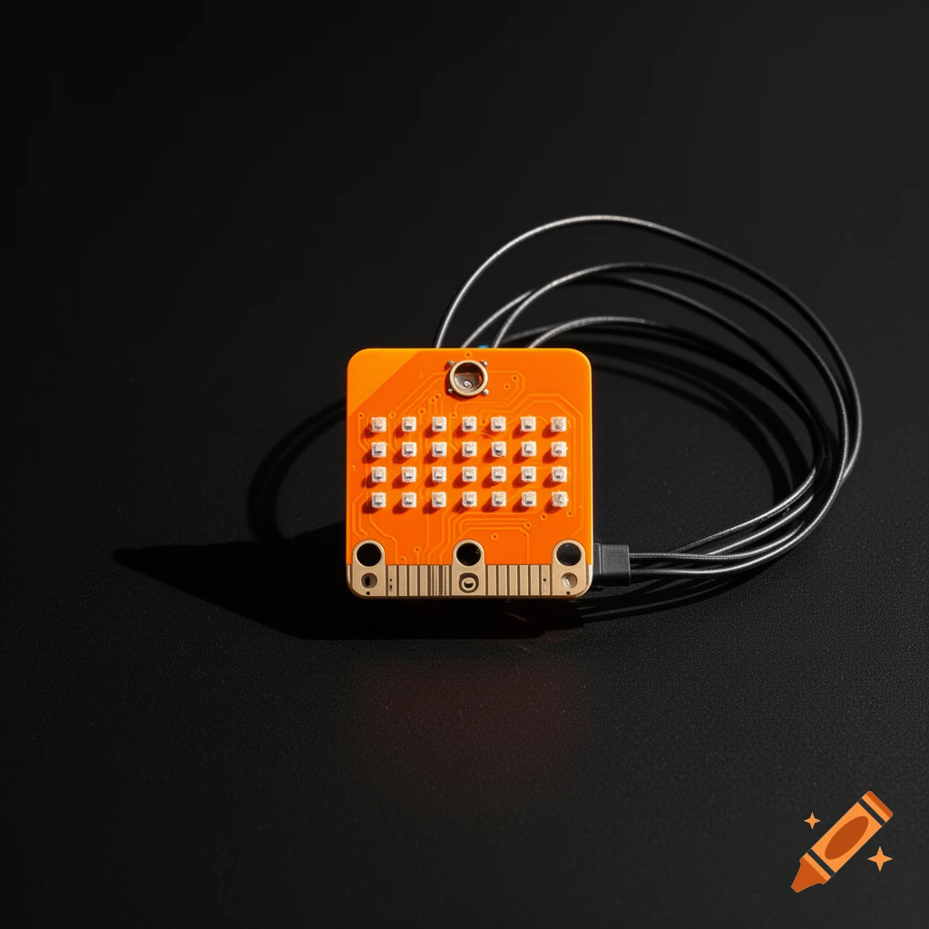 An orange Microbit circuit board with black wires connected, resting on a dark surface in a high-angle shot, photorealistic.
