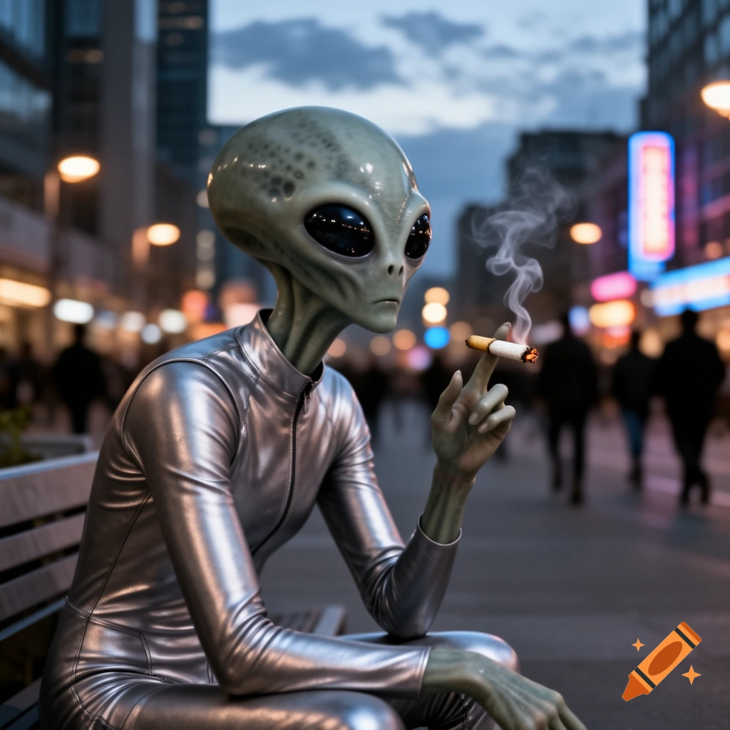 Photorealistic alien in a metallic suit sitting on a city bench at dusk, exhaling smoke from a cigarette.