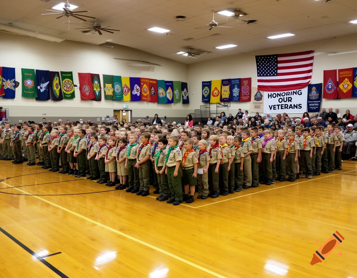 Photorealistic image of many children in scout uniforms standing in a school gym with an American flag and a 'HONORING OUR VETERANS' banner.