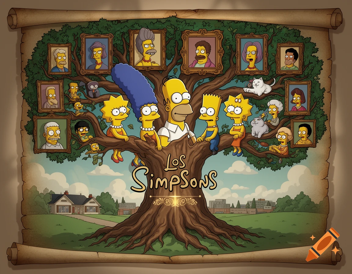 A cartoon image of The Simpsons family tree on an old scroll, featuring Homer, Marge, Bart, Lisa, and many ancestors in portraits.