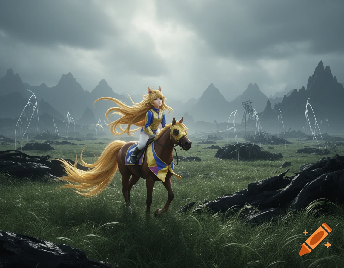 Anime girl Gold Ship on a horse with long blonde hair, riding through misty grassy plains with dark mountains and a cloudy sky.