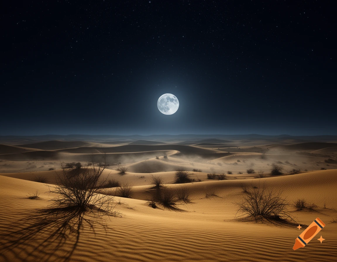 Full moon over a desert landscape with sand dunes and sparse bushes under a starry night sky.