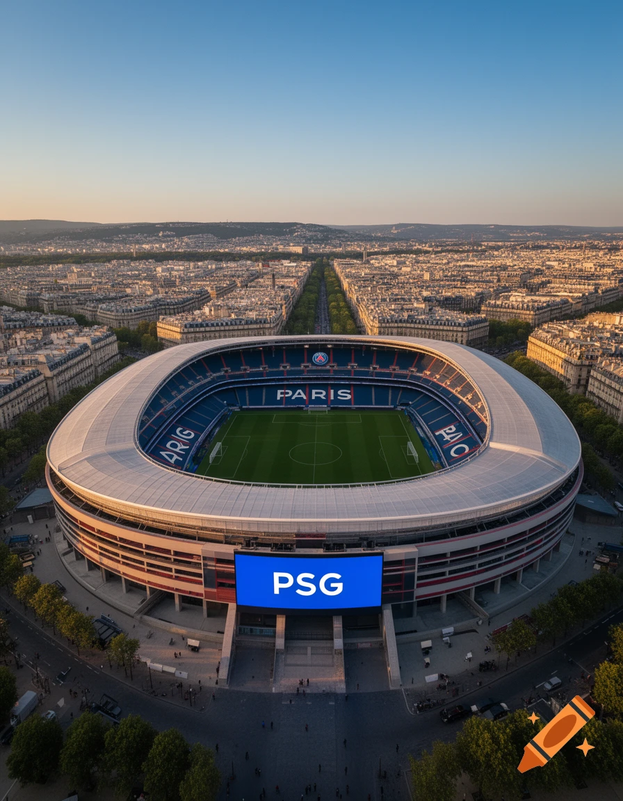 Aerial view of a large football stadium with "PSG" on a blue screen, surrounded by a dense cityscape at sunset.