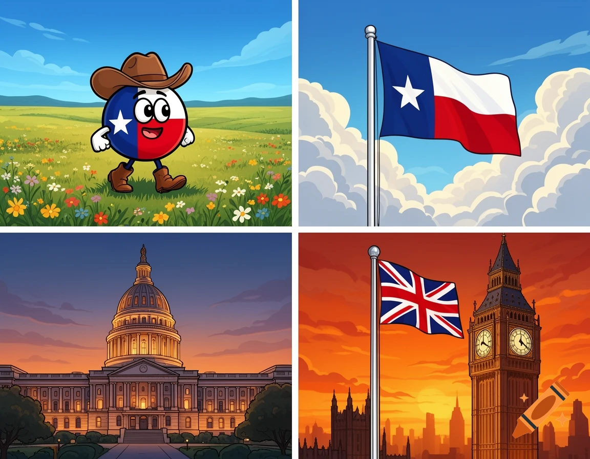 A four-panel cartoon collage featuring a Texas countryball, the Texas flag, the US Capitol building, and the UK flag with Big Ben.