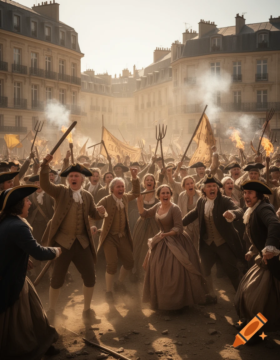 A large, angry mob dressed in 18th-century clothing marches through a dusty European city street, waving torches and pitchforks under a hazy sky.