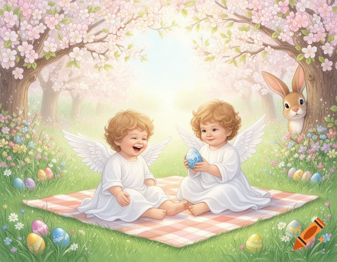 Two cute baby angels on a picnic blanket in a vibrant spring field with flowering trees, colorful Easter eggs, and a peeking bunny, in a charming illustration.