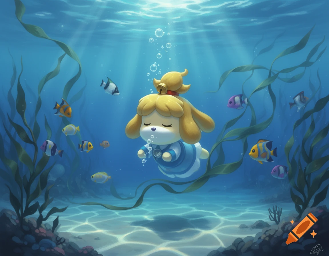 Cartoon illustration of Isabelle from Animal Crossing floating peacefully underwater with colorful fish and kelp.