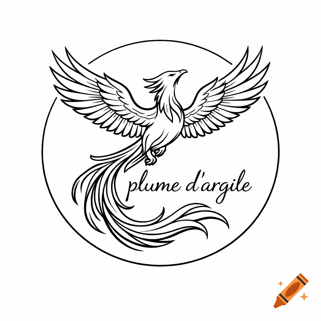 Black and white line art logo of a phoenix with outstretched wings within a circle, with the text 'plume d'argile' underneath.
