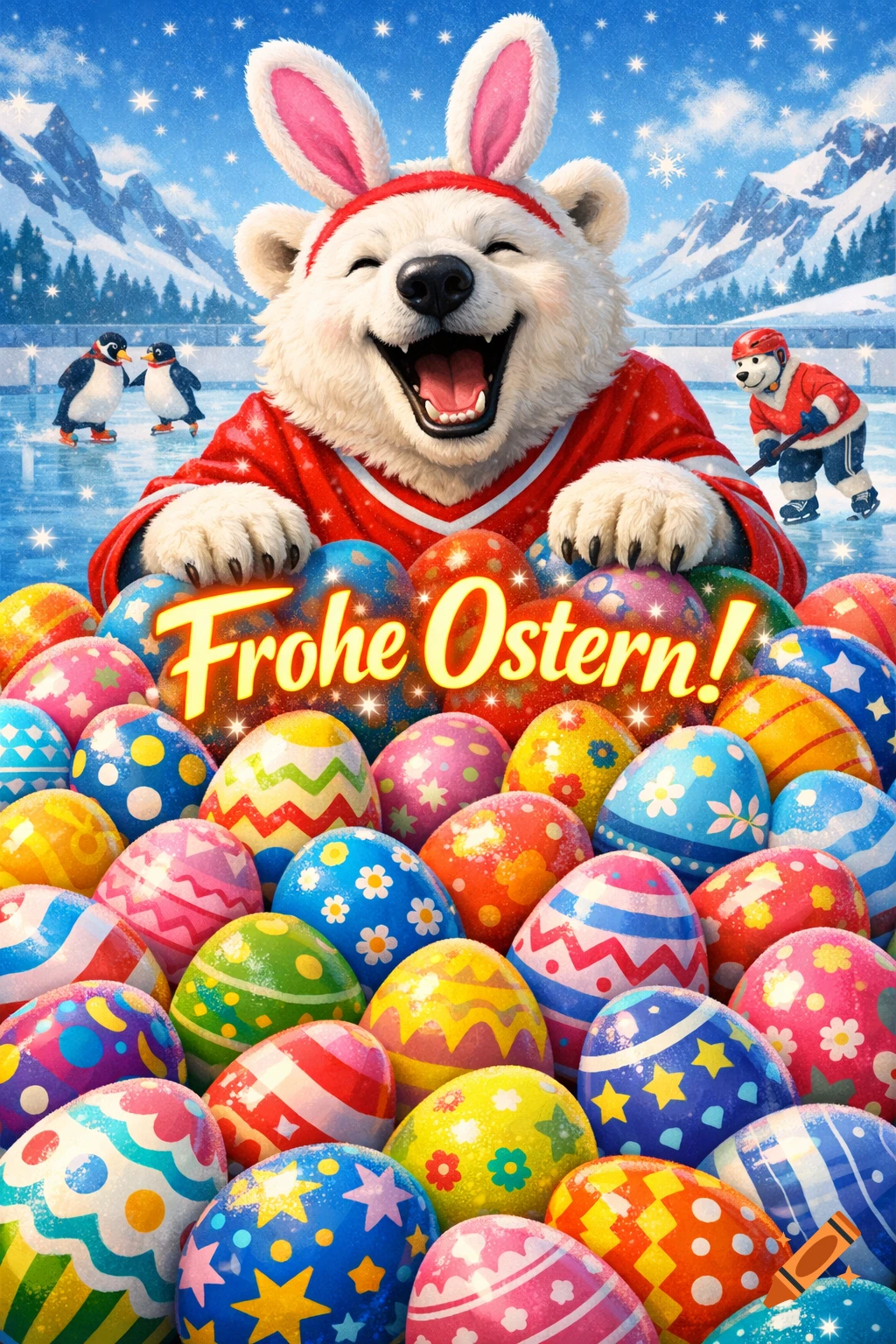 A cheerful polar bear wearing bunny ears and a red hockey jersey smiles over a pile of colorful Easter eggs in a snowy, ice-skating scene, with the text "Frohe Ostern!"