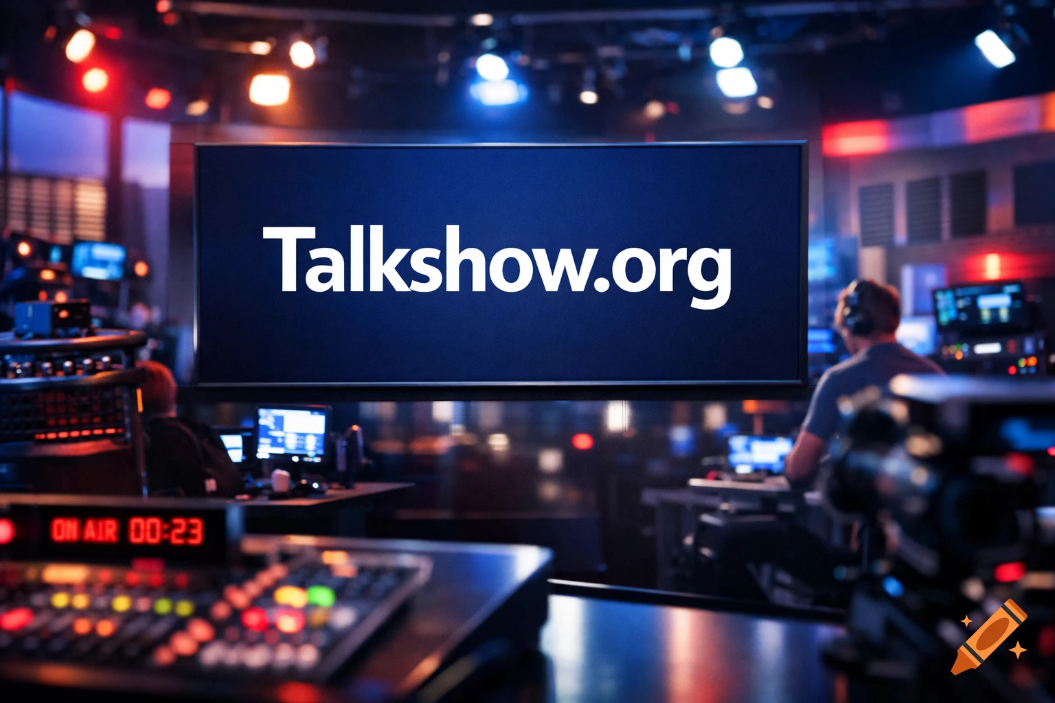 A photorealistic image of a broadcast studio control room with a large monitor displaying 'Talkshow.org'.