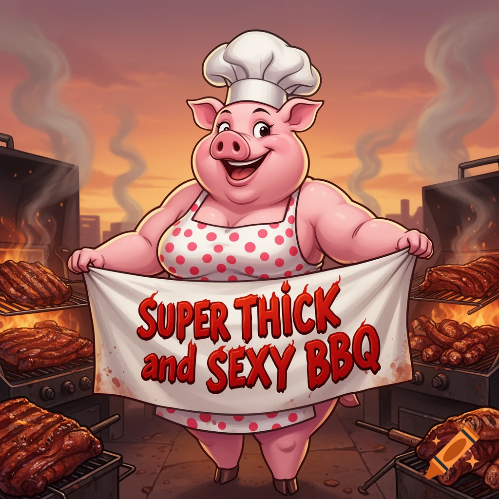 A cartoon pig chef in a polka-dot apron holds a banner reading "SUPER THICK and SEXY BBQ" between two smoking grills cooking meat.