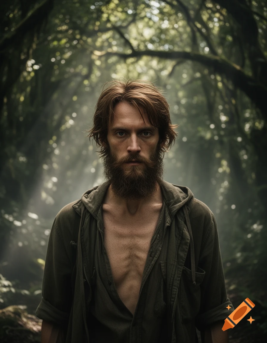 A gaunt man with a beard and messy brown hair, wearing an unbuttoned olive shirt, stands in a sun-dappled forest.