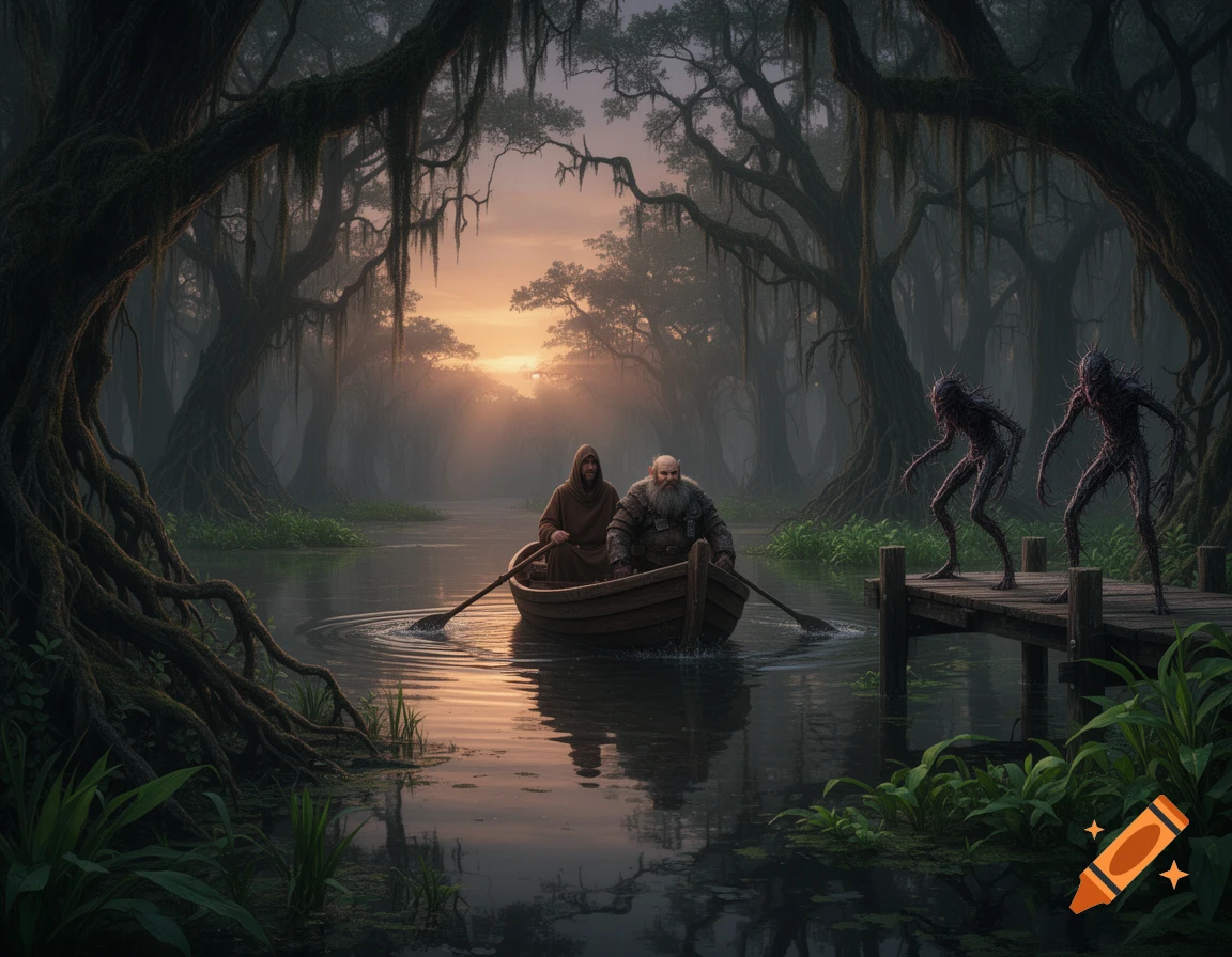 A monk and dwarf row a boat through a misty swamp, away from two spiky blights on a dock, at sunset in a dark fantasy style.