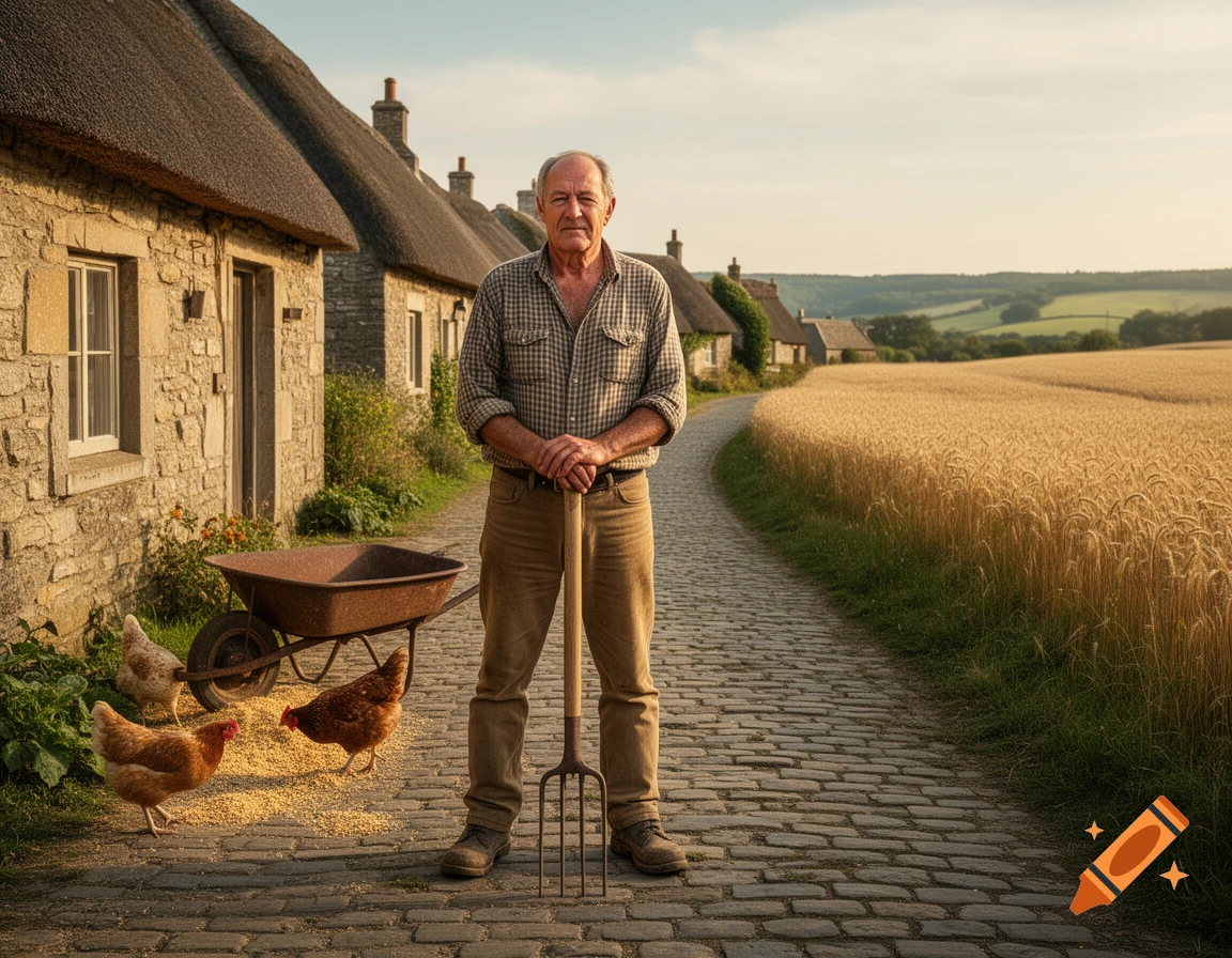 An old farmer stands with a pitchfork on a cobblestone path near thatched cottages, a wheelbarrow, chickens, and a wheat field at sunset.