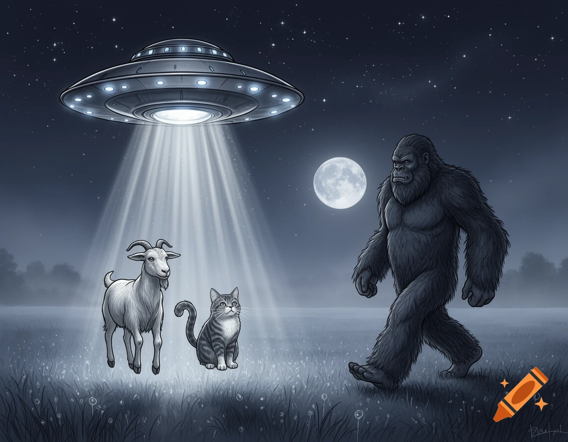 A monochrome illustration shows a UFO abducting a goat and a cat, while a Sasquatch walks away under a full moon.