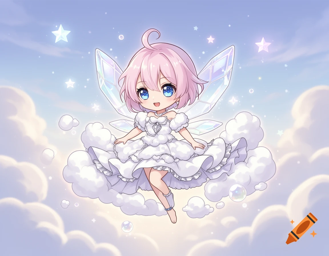 Cute chibi anime fairy with pink hair, blue eyes, and crystal wings, wearing a cloud dress, floating in a starry sky.