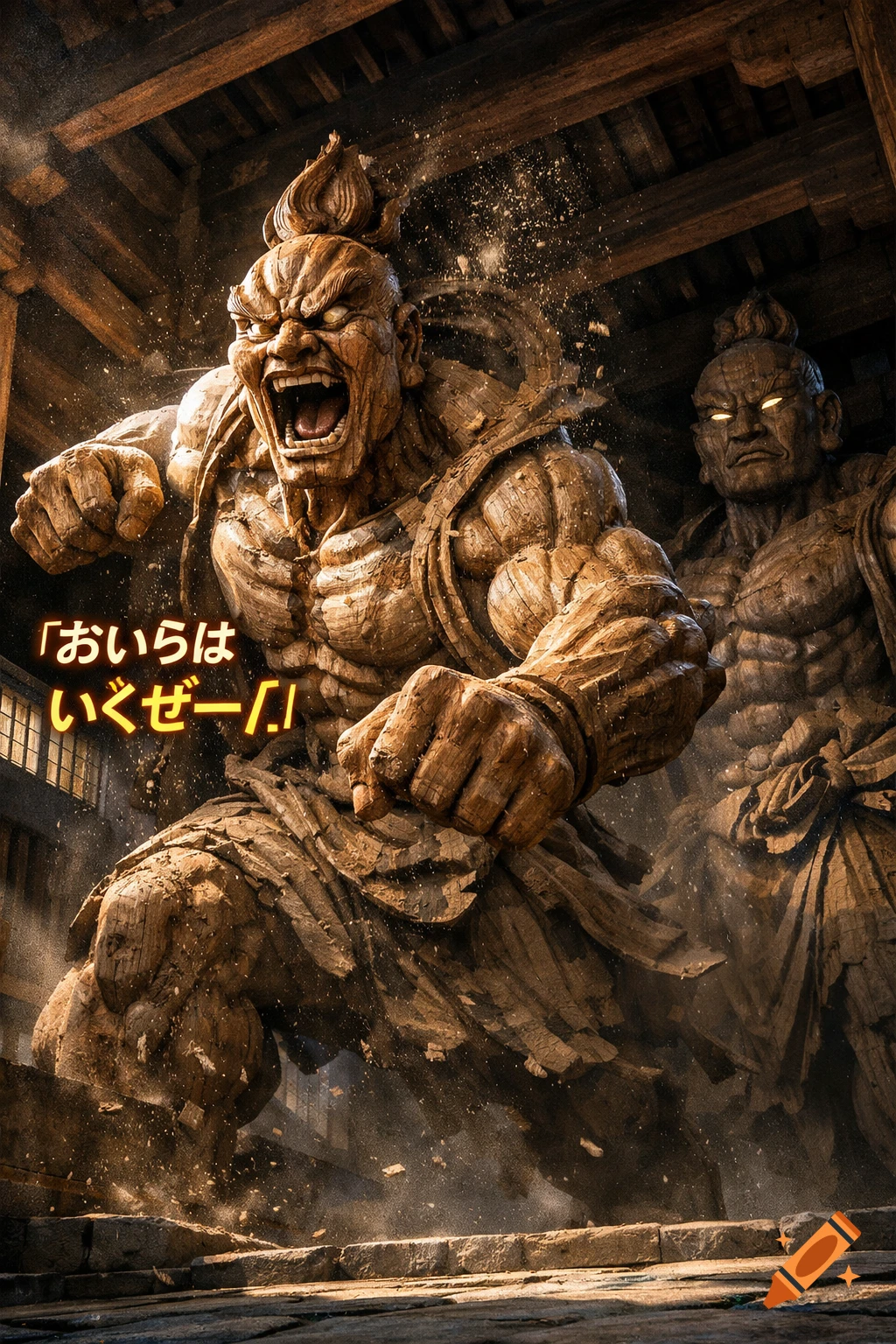 A massive, aggressive wooden Japanese guardian statue with an open mouth shouts in a temple, surrounded by dust, with another statue in the background.