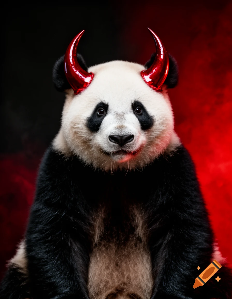 A photorealistic panda wearing shiny red devil horns against a red and black background.