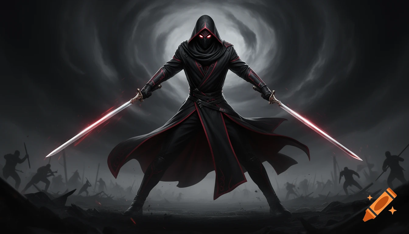 A masked and hooded dark fantasy warrior stands with glowing red dual ...