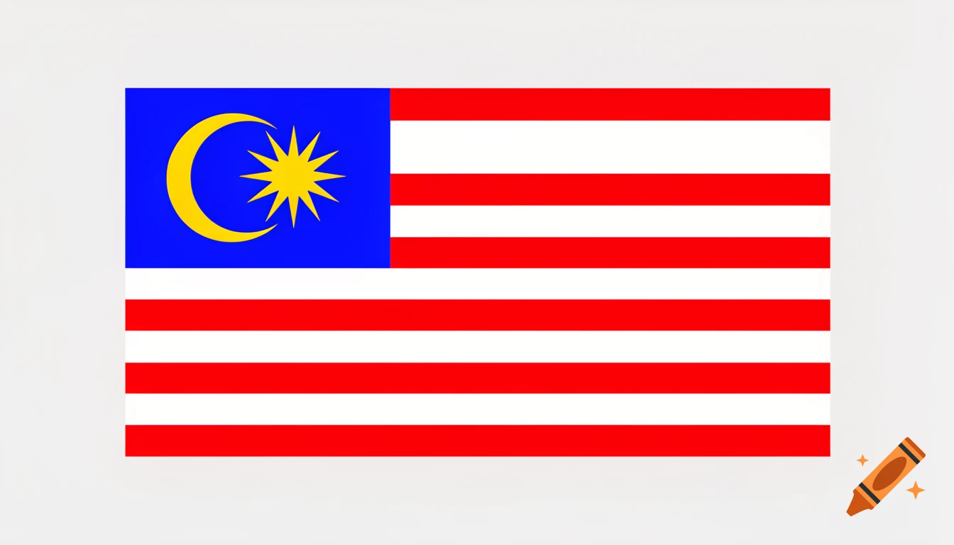 The national flag of Malaysia, with a blue canton showing a yellow crescent and 14-pointed star, and 14 red and white stripes.