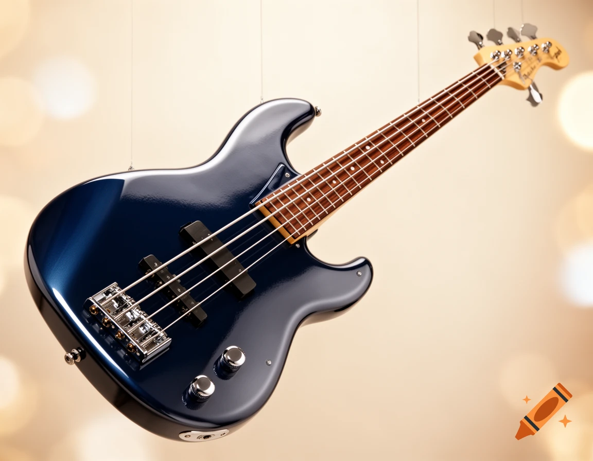 A photorealistic image of a dark blue metallic bass guitar suspended against a soft, bokeh-lit beige background.