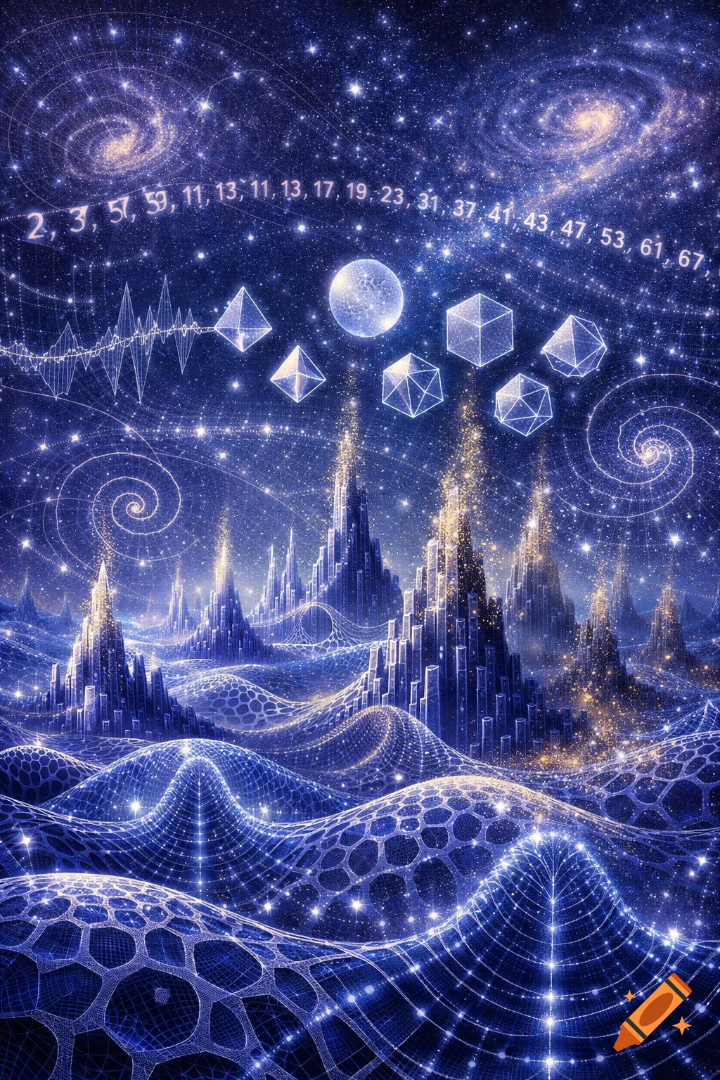An intricate, hyper-detailed mathematical visualization of a cosmic landscape with glowing prime numbers, Platonic solids, spirals, and crystalline city structures on a wavy, glowing ground in deep indigo and gold.
