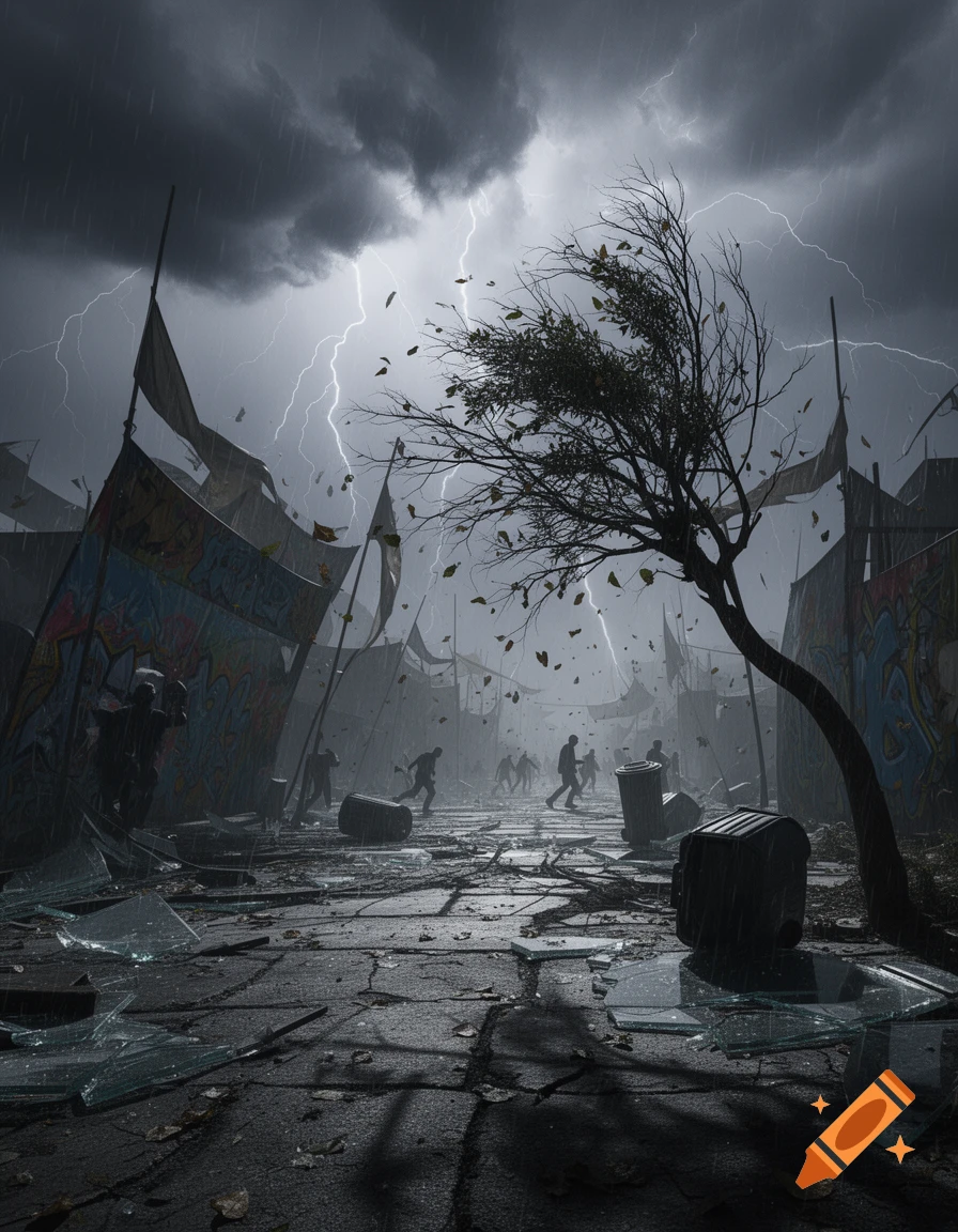 Dark, rain-swept street with lightning, silhouetted figures running past broken glass, tattered banners, and an old tree.